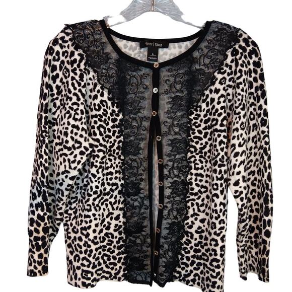 EUC White House Black Market Animal Print & Lace Cardigan L - Picture 1 of 4